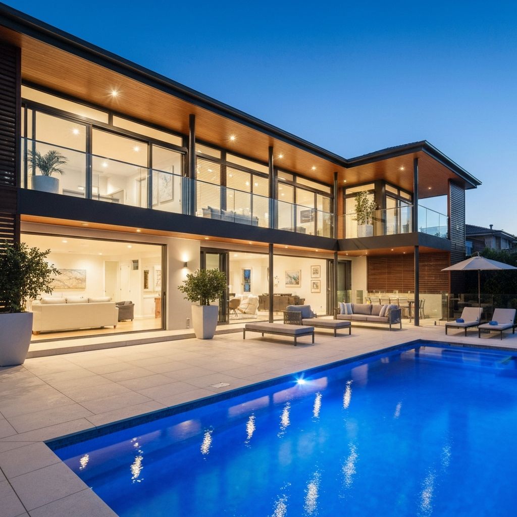 Luxury modern home with pool at twilight